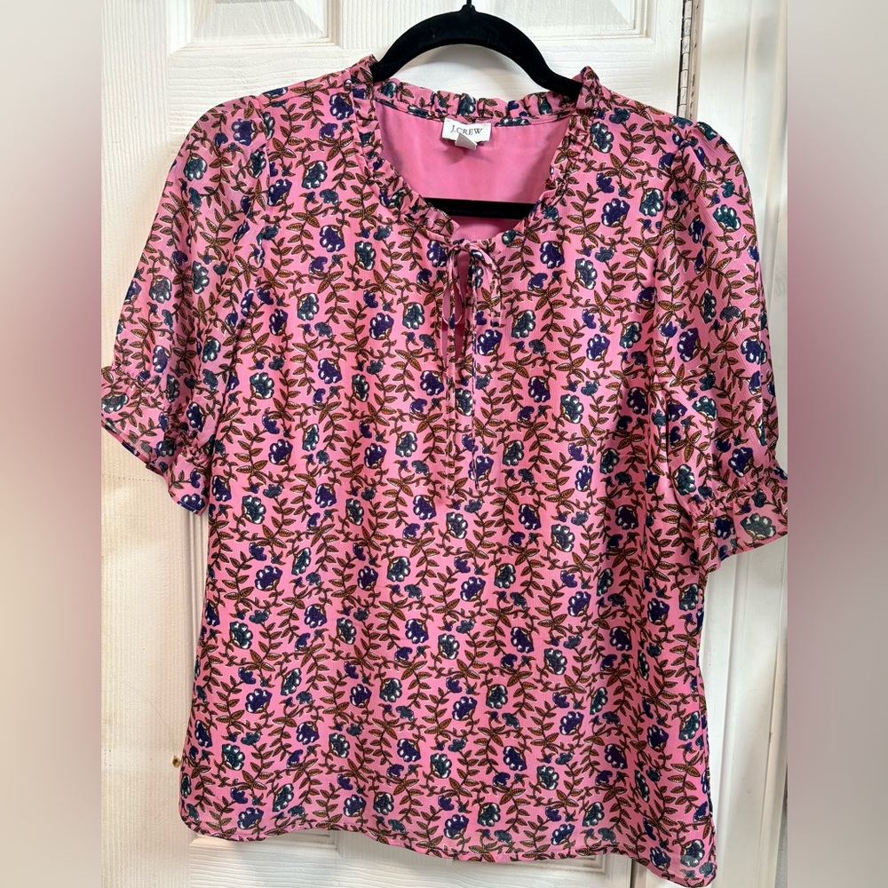 J. Crew Pink Floral Tie-Front Blouse with Blue Accents